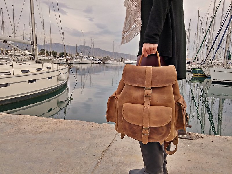 Waxed Leather Backpack from Full Grain Leather Handmade in Greece. LARGE size. - Backpacks - Genuine Leather Brown