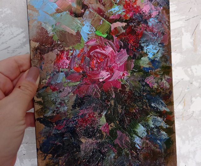 花の絵画抽象絵画オリジナルアートブーケ赤いバラインパスト油彩