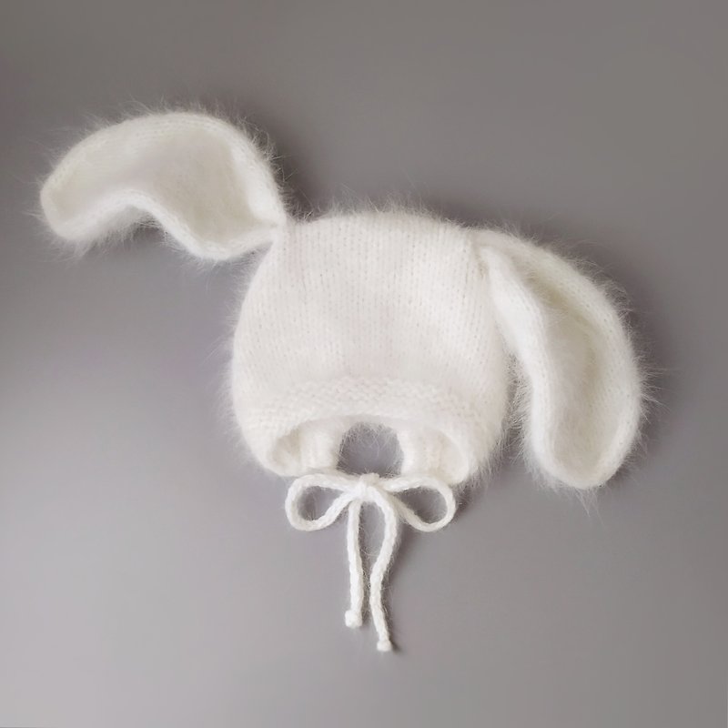 White baby bunny hat Newborn photography props Angora bonnet Knitted hat kids