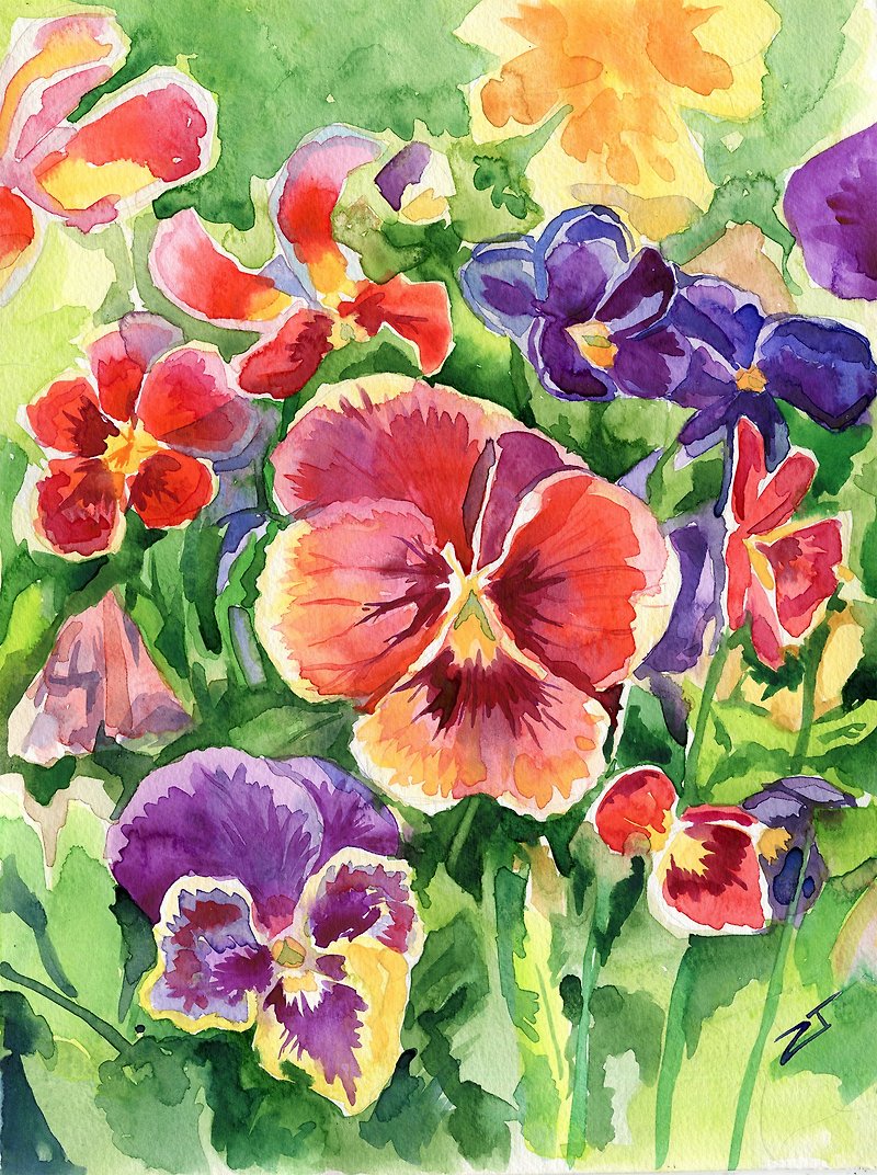 Original watercolor Víola tricolor flower Floral wall art 9 by 12 inches
