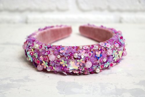 Designer beaded jewelry by Mariya Klishina Lilac crystal perls headband Bridal gentle flowers tiara Diadem with flowers