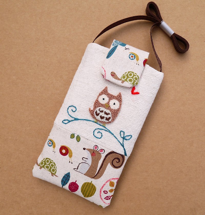 貓頭鷹刺繡手機袋(L) - 其他 - 棉．麻 