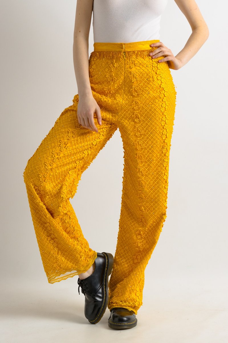 Vintage Holland Evening Gold Silk Beads Pants Size Women's 36 7036 - 女長褲 - 其他材質 黃色