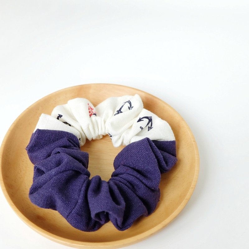 Handmade by Beatrice | 手工棉麻拼布船錨 大腸髮圈 - 髮夾/髮圈 - 棉．麻 藍色