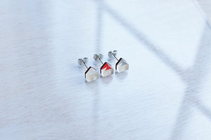 Small house earrings three-piece set / white-red-gray - Earrings & Clip-ons - Wood Multicolor