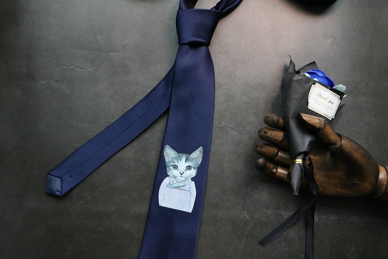 แมวพิมพ์เนคไทสีฟ้าผ้าไหมแท้สุภาพบุรุษ - เนคไท/ที่หนีบเนคไท - ผ้าไหม สีน้ำเงิน