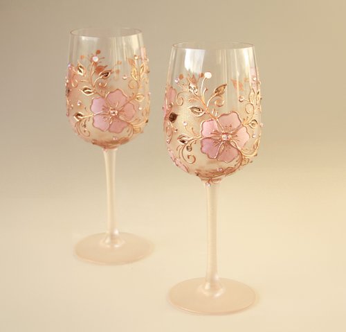 Wine Glasses Black Gold Flowers Swarovski Crystals, Hand-painted set of 2 -  Shop NeA Glass Bar Glasses & Drinkware - Pinkoi