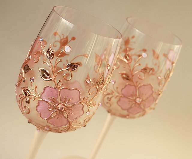 Pair of Wine Glasses Hand Painted Flowers Orange Pink Very Nice