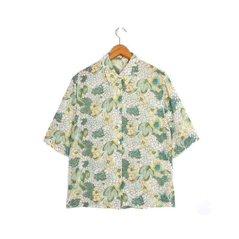[Egg plant ancient] greenish summer short-sleeved printing ancient shirt - Women's Shirts - Polyester Green