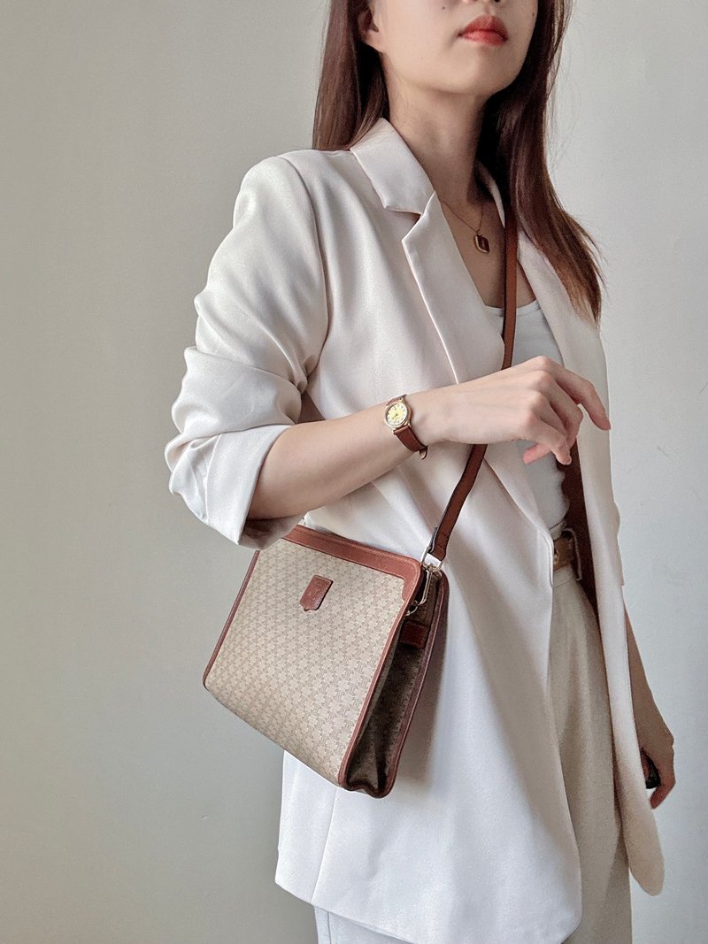 中古美品 Celine Macadam 老花 腋下包 斜背包 化妝包 - 側背包/斜背包 - 真皮 咖啡色