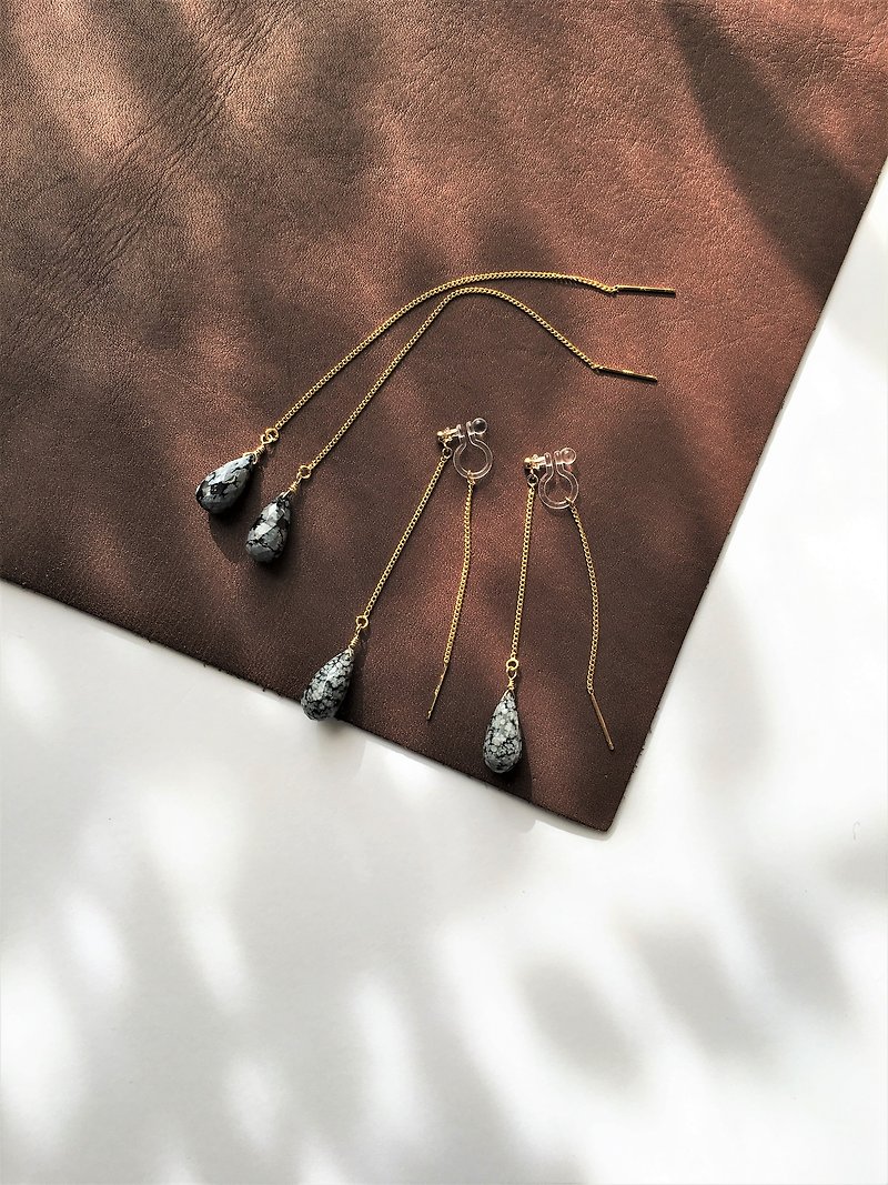 Snow flake Obsidian drop Chian-earring SV925, Clip-earring - Earrings & Clip-ons - Stone Black