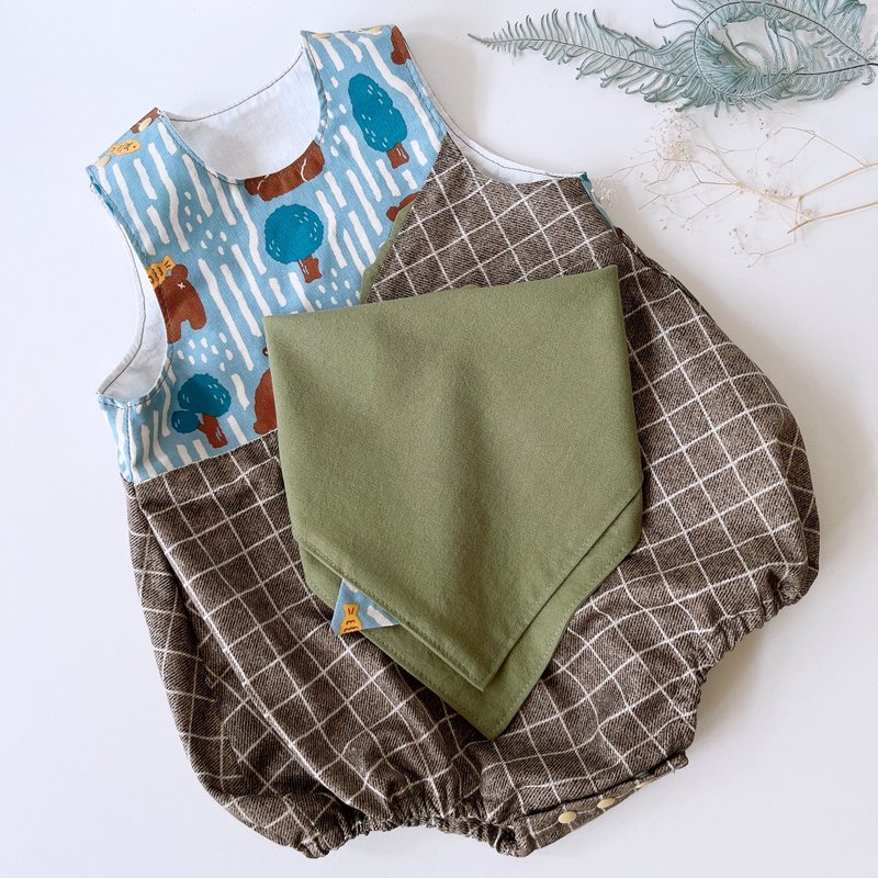 Shimamori Family/Children's Mountain Series/ Onesies/Naughty Brown Bear (Coffee Plaid) - ชุดทั้งตัว - ผ้าฝ้าย/ผ้าลินิน สีน้ำเงิน