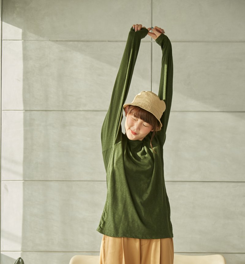 【Off-season sale】Basic Cotton Slub Long Sleeve T-Shirt  - - 帽T/大學T - 棉．麻 綠色