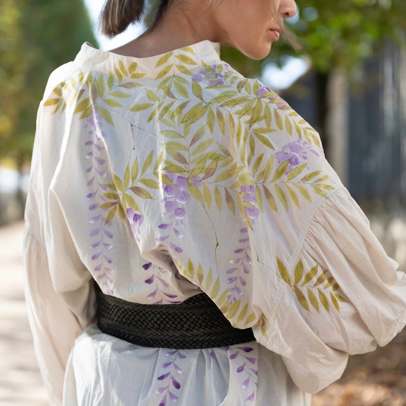 Hand-painted wisteria pattern soft washer long blouse - Women's Shirts - Cotton & Hemp 