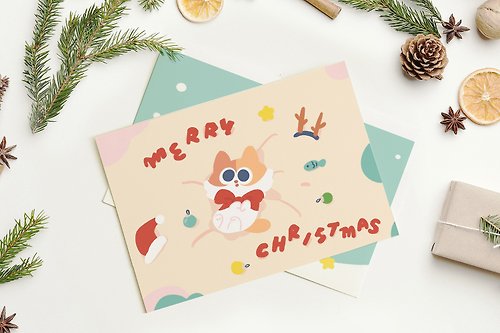 杉葉Cedar Leaves 花圈、禮物、貓寶寶聖誕明信片 聖誕卡片 四入組