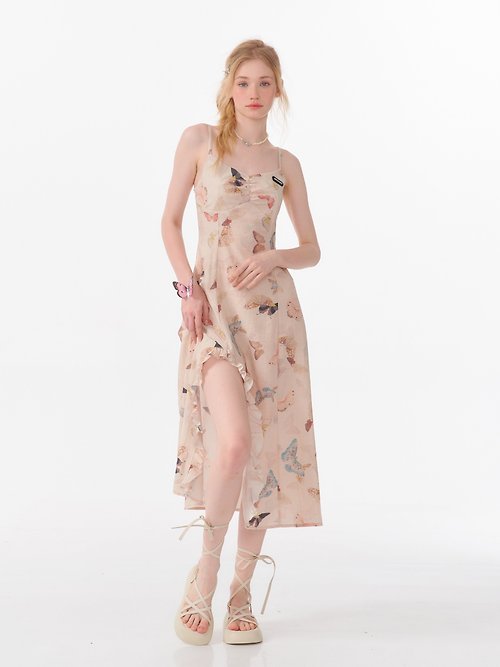 SERIOUS ZIZIFEI ziziFei夏季美式高級感設計感蝴蝶印花收腰長款開叉吊帶連衣裙女