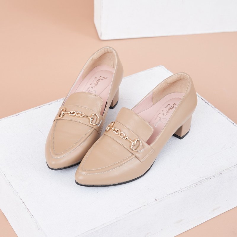 Wide last air cushion_rhinestone horsebit pointed toe low heel loafers milk tea - Women's Oxford Shoes - Genuine Leather Khaki