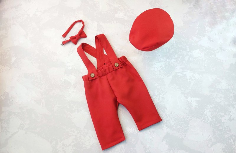 Baby boy outfit, newborn pants, cap, newborn bows Newborn Coming Home Outfit - 男/女童長褲/短褲 - 其他材質 紅色