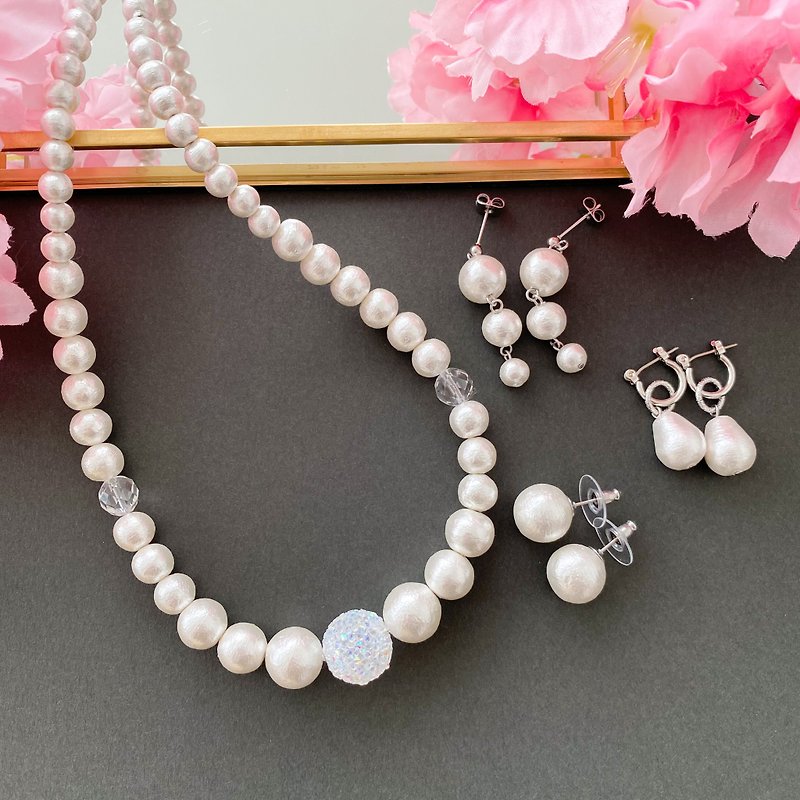 3 cotton pearl earrings and necklace set - Necklaces - Pearl White
