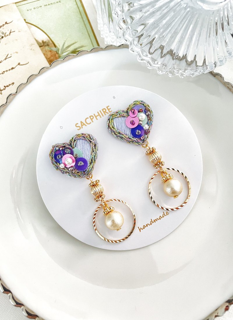 刺繡心形耳環 夢幻 浪漫 異想天開 飄逸 快樂 迷人 - 耳環/耳夾 - 繡線 紫色