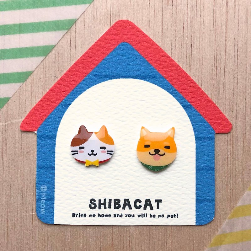 Shibacat Cat with Shiba - Nice to meet you earrings - ต่างหู - พลาสติก ขาว