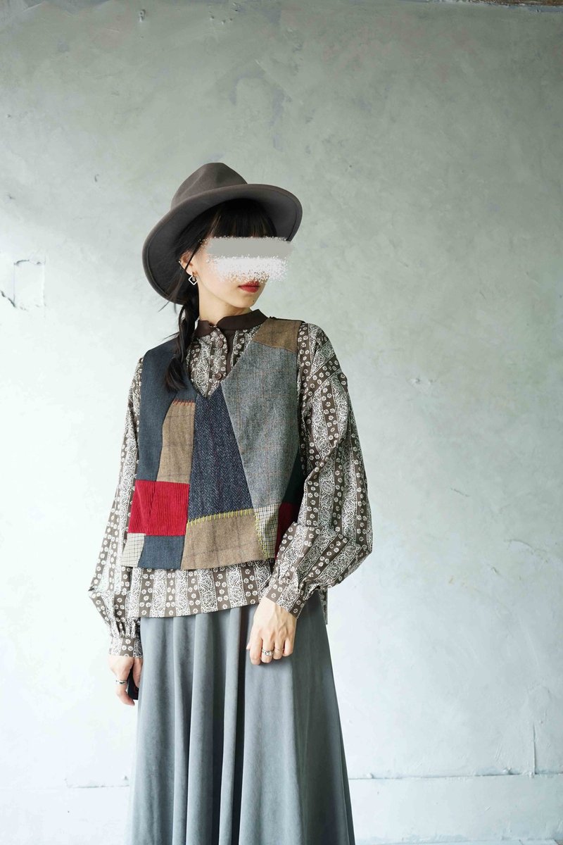 Restyle改造古著-個性解構拼貼毛呢織紋綁帶短版背心 - 背心/無袖上衣 - 羊毛 多色