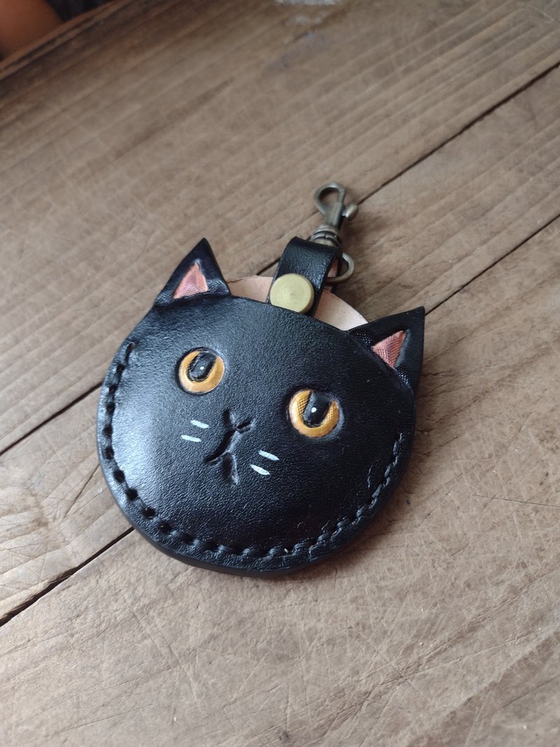 Cute little black cat gogoro key case pure cowhide leather case - Keychains - Genuine Leather Black