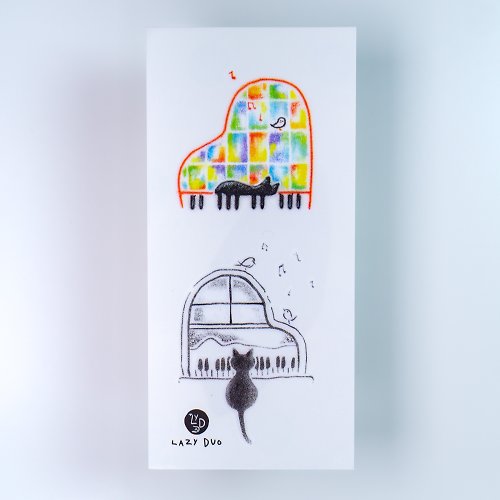 ╰ LAZY DUO TATTOO ╮ 黑貓咪彩色鋼琴玻璃窗 水印紋身貼紙 迷你彩色蠟筆寵物插畫刺青圖