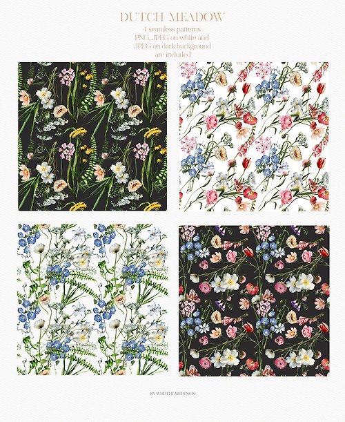 Whiteheartdesign Seamless Pattern Field Flowers Watercolor Floral Clipart Golden Age Dutch Style