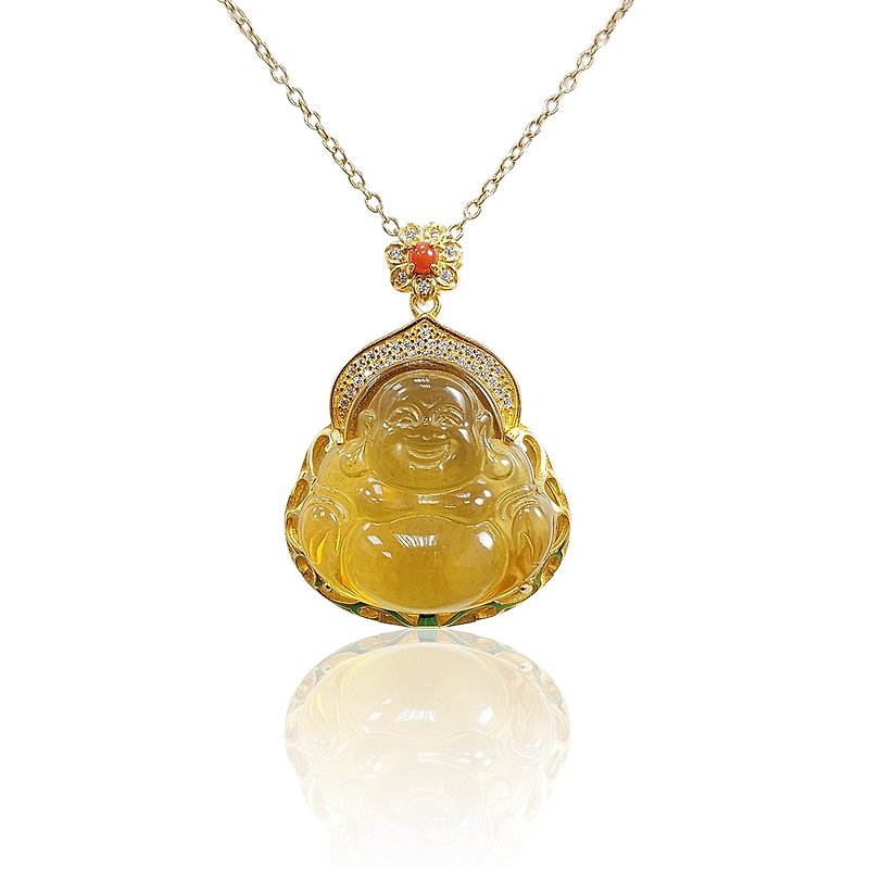 Boutique water purification grade natural amber Maitreya Buddha fine inlaid pendant necklace - Necklaces - Semi-Precious Stones Orange