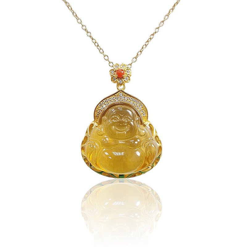 Boutique water purification grade natural amber Maitreya Buddha fine inlaid pendant necklace - Necklaces - Semi-Precious Stones Orange