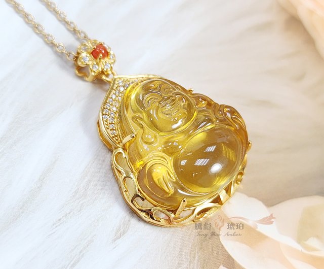 精品款淨水級天然琥珀彌勒佛精工鑲嵌吊墜項鍊騰彪琥珀蜜蠟精品