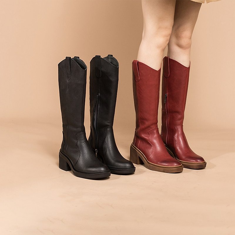 [Autumn and winter new fashion] Knight boots mid-tube riding boots, leather Martin boots, thick heel women's boots - รองเท้าบูทยาวผู้หญิง - หนังแท้ สีแดง