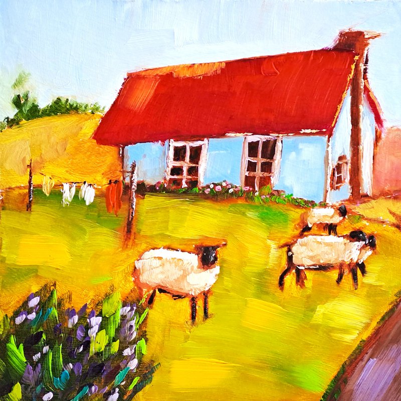 Ireland Painting Sheep Original Art Irish Landscape Oil Painting Farm Small Art - 海報/掛畫/掛布 - 其他材質 多色