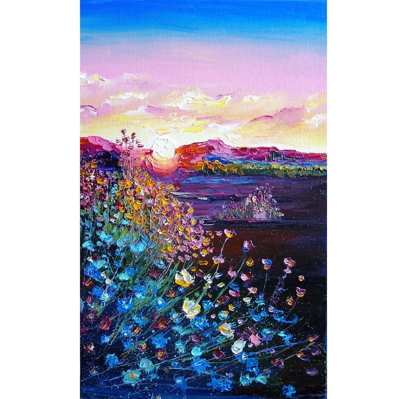 Meadow Painting Oil Wildflower Original Art 油畫原作 Landscape Artwork - โปสเตอร์ - วัสดุอื่นๆ หลากหลายสี
