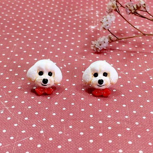 Cat Brothers White Toy Poodle dog Earrings with red ribbon, Dog Stud Earrings