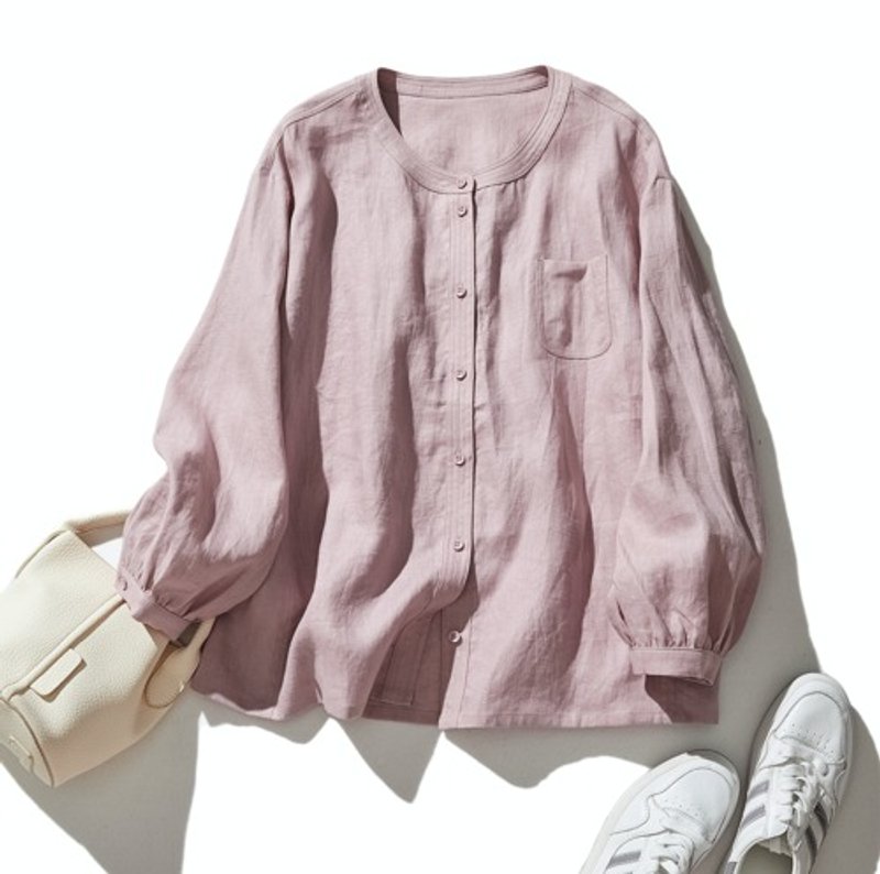 Unique design Band color Linen shirt 100% Linen Long sleeves Light purple 230923-3 - เสื้อผู้หญิง - วัสดุอื่นๆ 