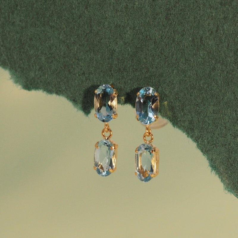 18K金海藍寶石橢圓形連接耳環 18K Gold Aquamarine Oval Connect - 耳環/耳夾/耳骨夾 - 貴金屬 