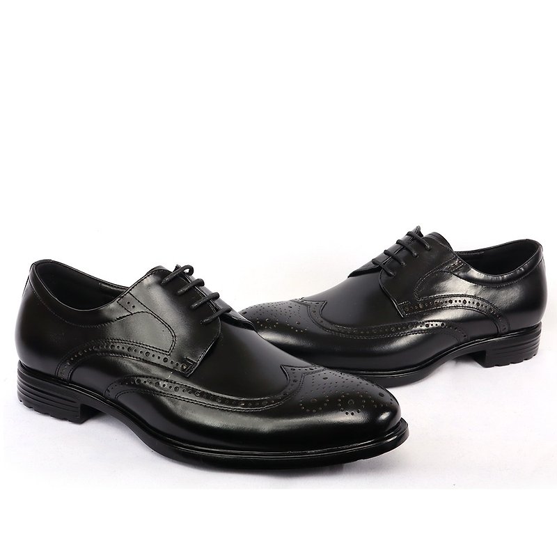Terataka Liangpin British Genuine Leather Lightweight Fully Carved Derby Shoes Black - รองเท้าหนังผู้ชาย - หนังแท้ สีดำ