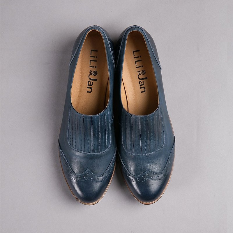 [British College] carved accordion leather loafers _ lake blue - Women's Oxford Shoes - Genuine Leather Blue