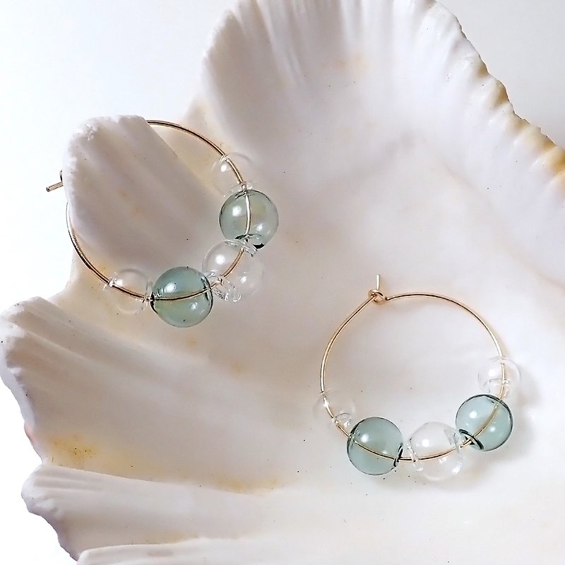 Limited one-Bubble | Transparent + Light Dark Green Glass Ball US Gold Injected 14KGF Small Hoop Earrings - ต่างหู - กระจกลาย สีเขียว