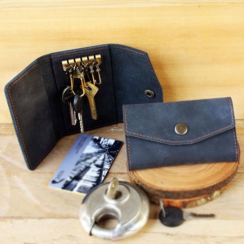 Key Case - H2 (Navy Blue) / Key Holder / Key Ring (Genuine cow Leather) - Keychains - Genuine Leather Blue