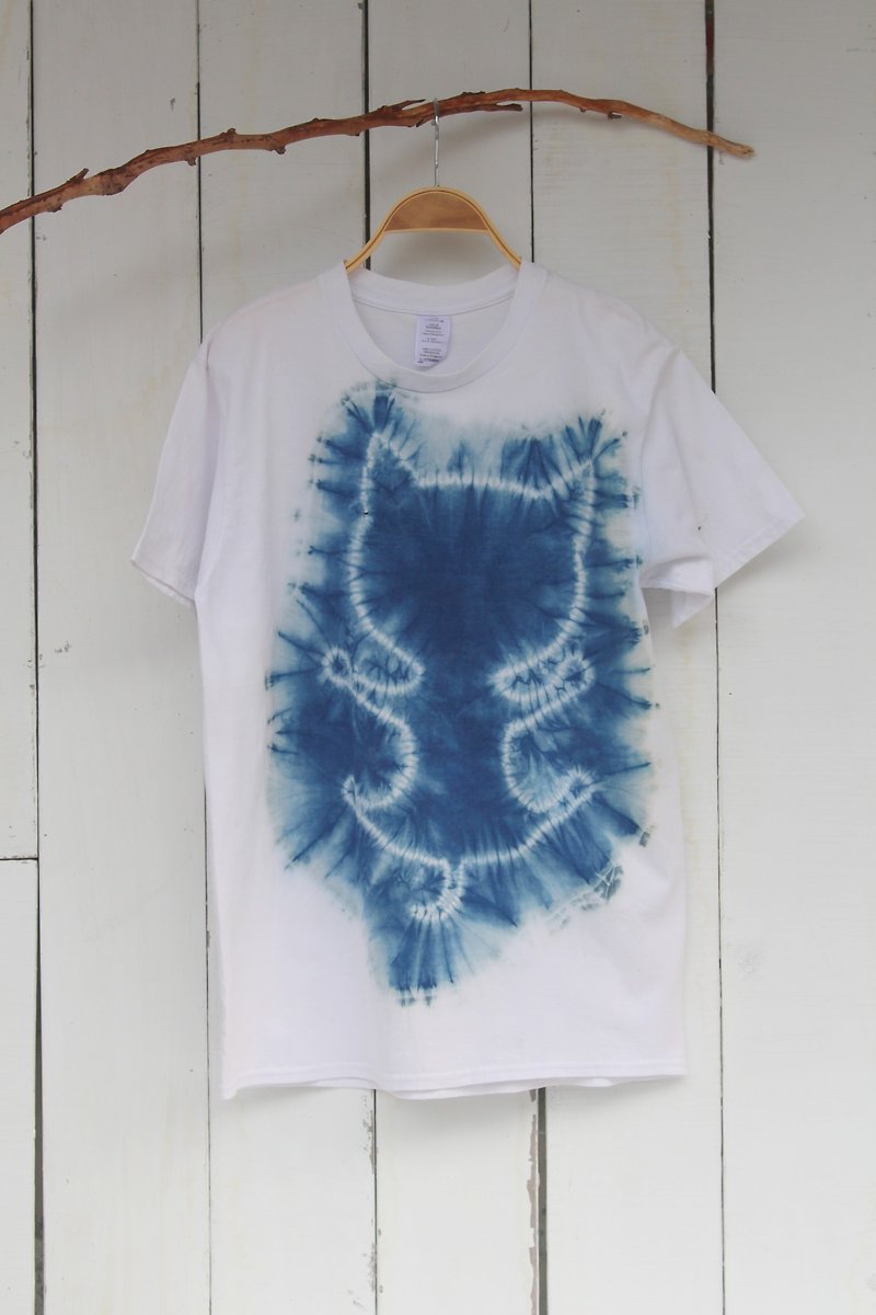 Free dyeing isvara handmade blue dyed daily cat series sticky cat cotton T-shirt - Unisex Hoodies & T-Shirts - Cotton & Hemp Blue