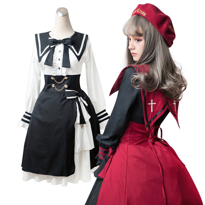 Lolita Goth St. Martha Nun cosplay Polaris Crux cross charm shirt dress【JJ2193】 - One Piece Dresses - Cotton & Hemp Red
