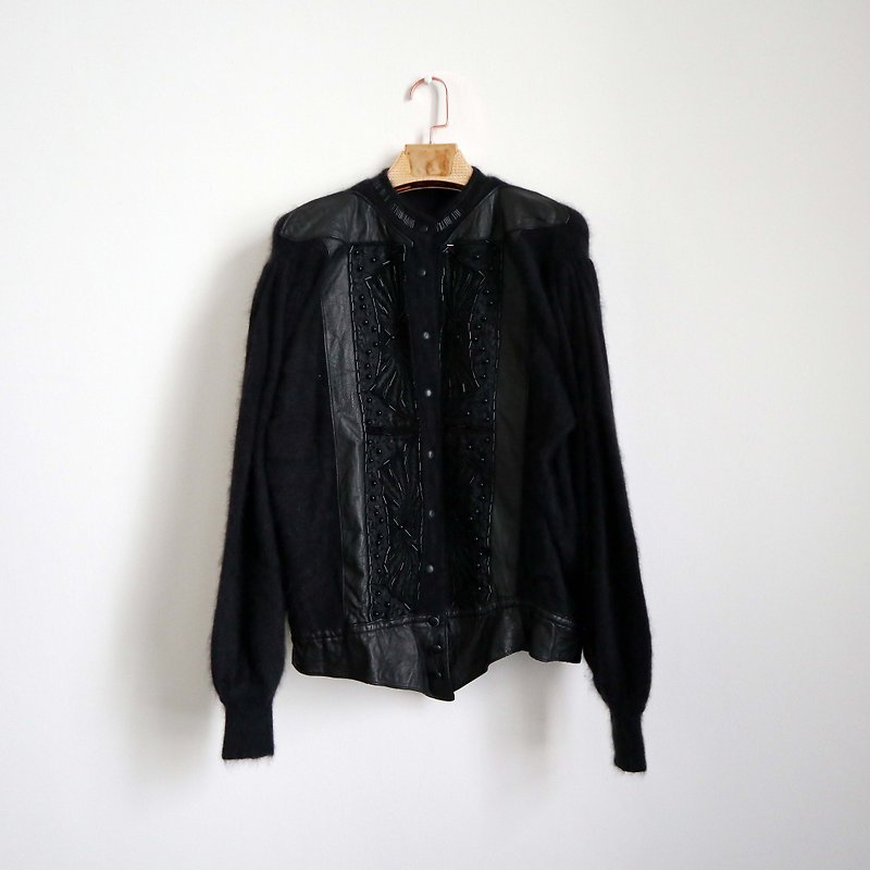 パンプキンヴィンテージ。ウサギ毛皮のカーディガンのセーターコートを縫う古代の黒の華やかな刺繍ビーズ - ニット・セーター - その他の素材 ブラック