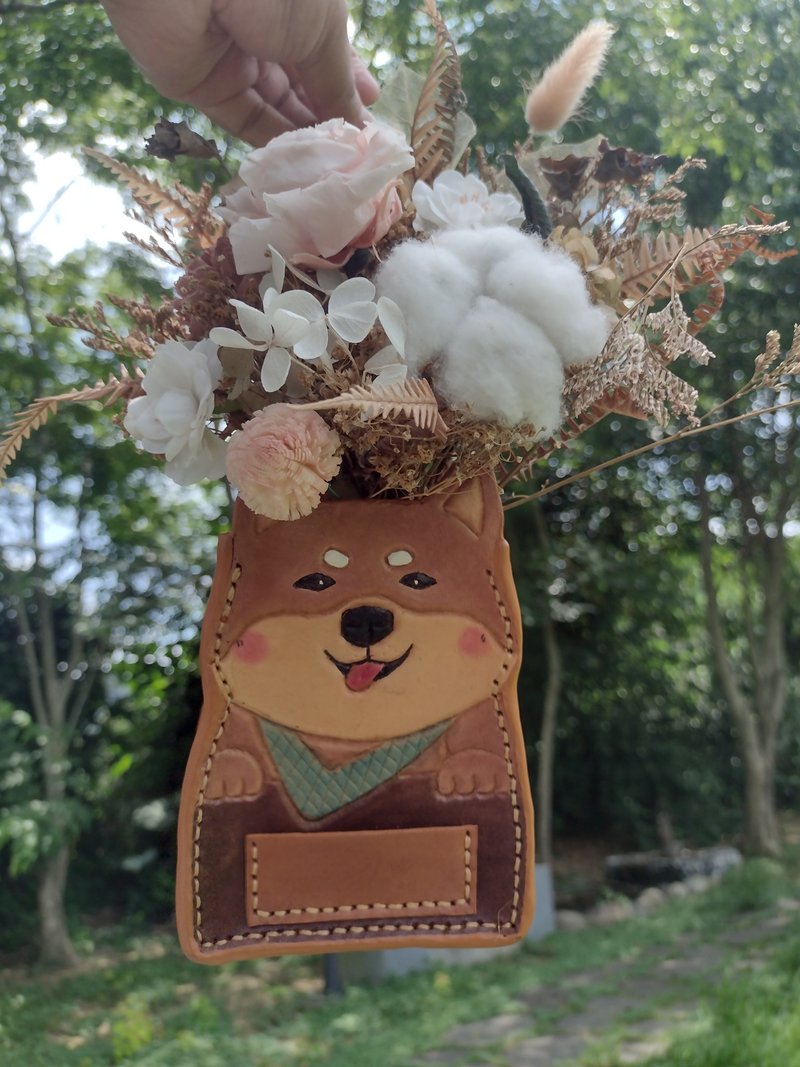 可愛微笑柴犬黑柴  純牛皮 筆筒/盆器/存錢筒/置物盒 - 居家收納/收納盒/儲物盒 - 真皮 金色