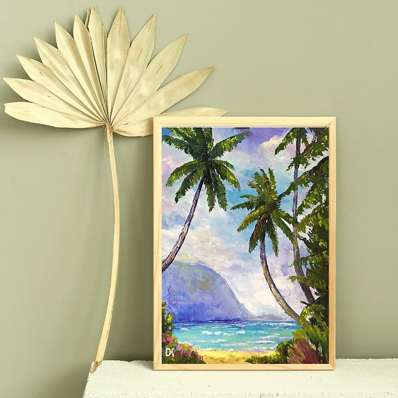 棕櫚 繪畫 手繪油畫 原畫 油畫 棕榈 画 Seascape Original Oil Painting Tropical Wall Art - โปสเตอร์ - วัสดุอื่นๆ หลากหลายสี