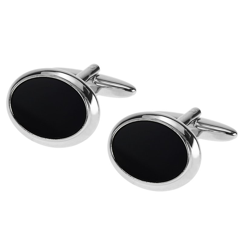 Black Insert Silver Oval Cufflinks - กระดุมข้อมือ - โลหะ สีดำ