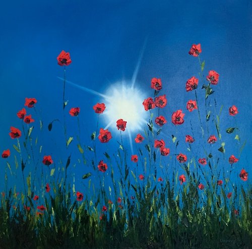 OsipovArtStudio Original Sky Oil Painting On Canvas Poppies Landscape Red Flowers Impasto Art
