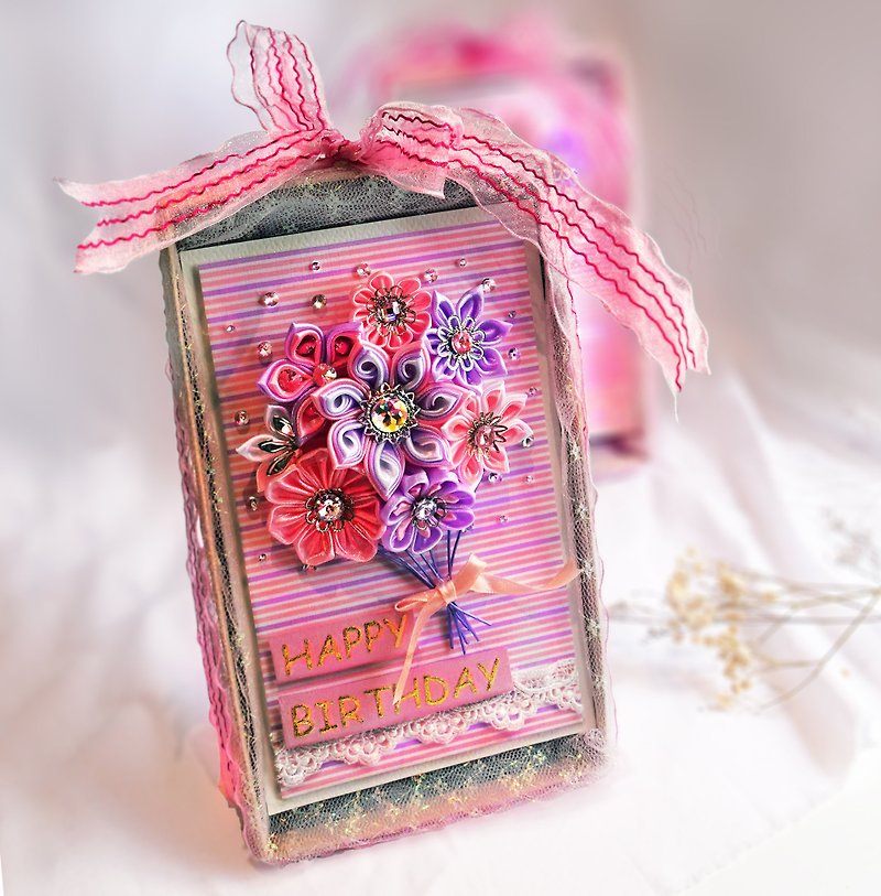 Gorgeous surprise ribbon immortal bouquet pop-up card handmade gift box (birthday gift customized text) - Cards & Postcards - Plants & Flowers Pink